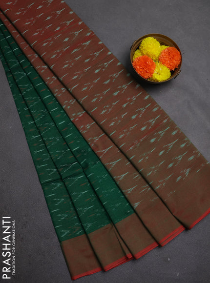 Ikat cotton saree green and red with allover ikat weaves and simple border