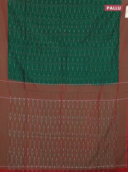 Ikat cotton saree green and red with allover ikat weaves and simple border