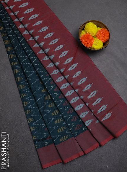 Ikat cotton saree peacock green and maroon with allover ikat weaves and simple border
