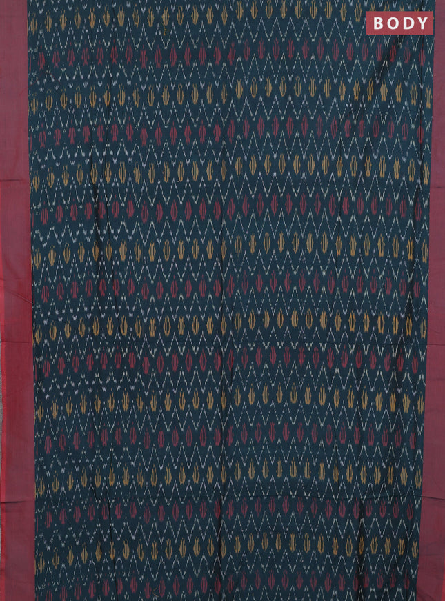 Ikat cotton saree peacock green and maroon with allover ikat weaves and simple border