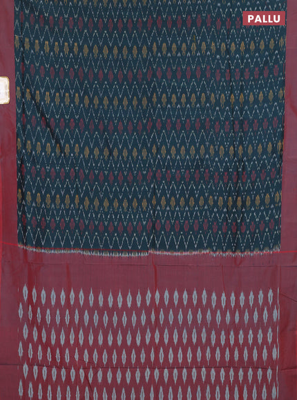 Ikat cotton saree peacock green and maroon with allover ikat weaves and simple border