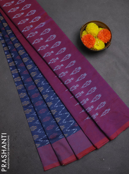 Ikat cotton saree peacock blue and maroon with allover ikat weaves and simple border
