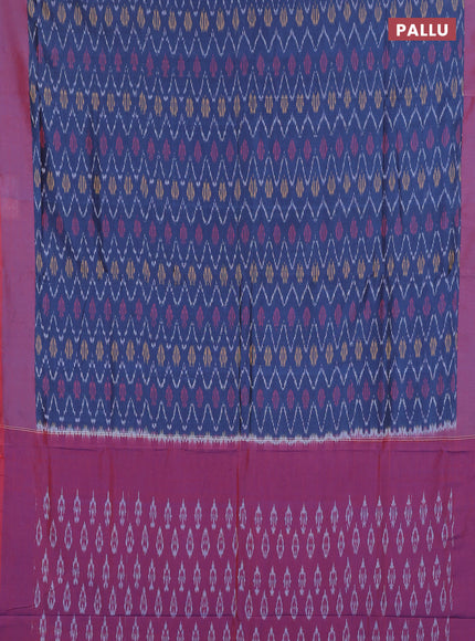 Ikat cotton saree peacock blue and maroon with allover ikat weaves and simple border
