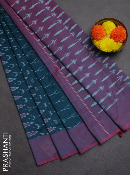 Ikat cotton saree peacock green and pink with allover ikat weaves and simple border
