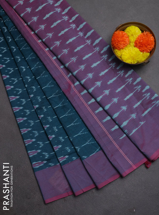 Ikat cotton saree peacock green and pink with allover ikat weaves and simple border