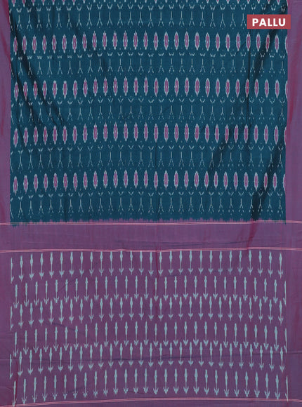 Ikat cotton saree peacock green and pink with allover ikat weaves and simple border