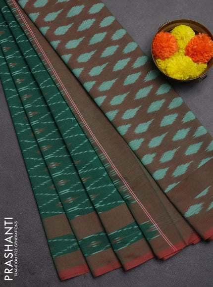 Ikat cotton saree green and red with allover ikat weaves and rettapet ikat woevn border
