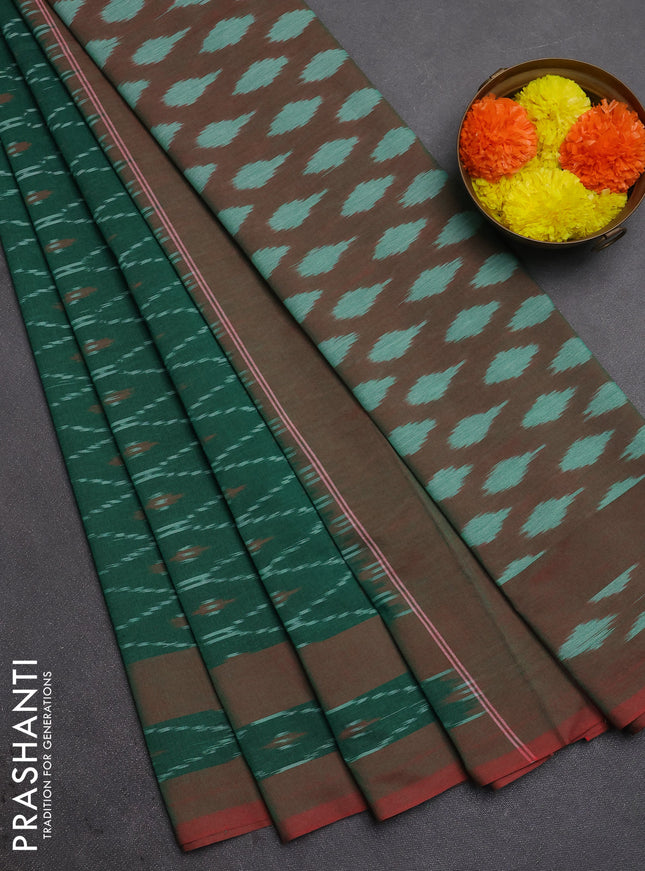 Ikat cotton saree green and red with allover ikat weaves and rettapet ikat woevn border