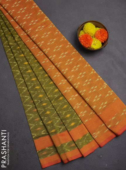 Ikat cotton saree light green and orange with allover ikat weaves and rettapet ikat woevn border