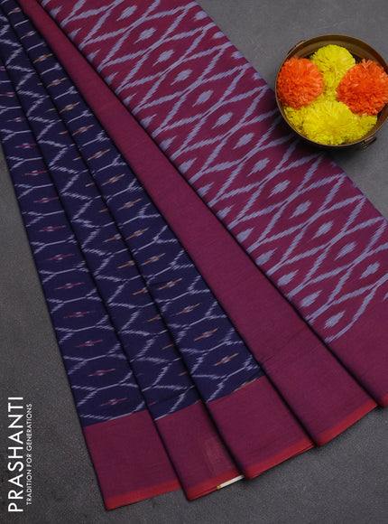 Ikat cotton saree navy blue and red with allover ikat weaves and simple border