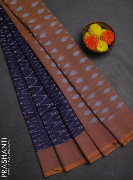 Ikat cotton saree navy blue and mustard yellow with allover ikat weaves and simple border