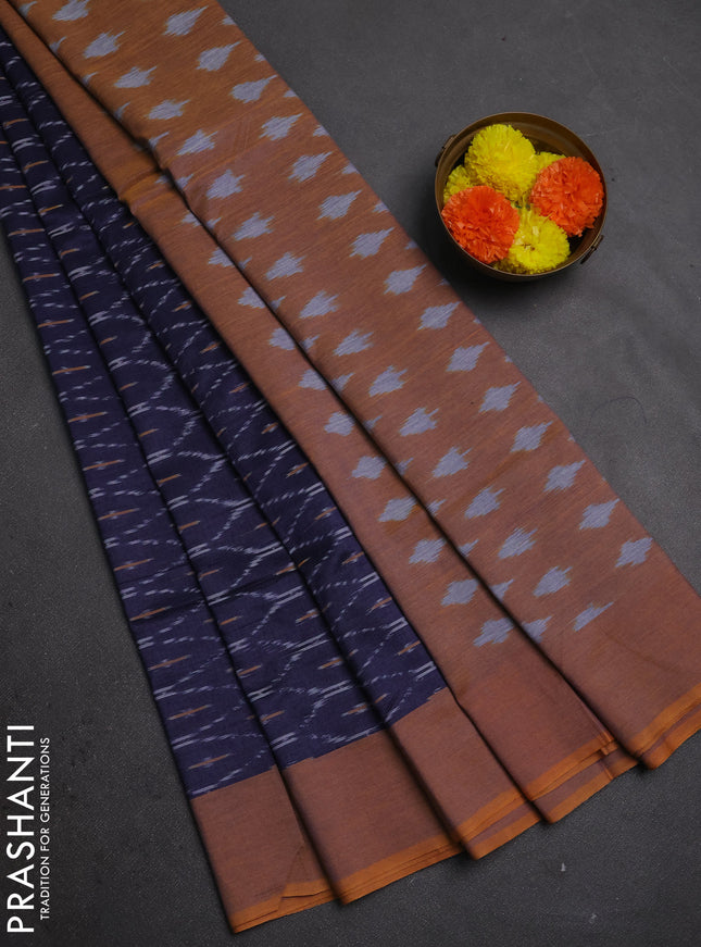 Ikat cotton saree navy blue and mustard yellow with allover ikat weaves and simple border