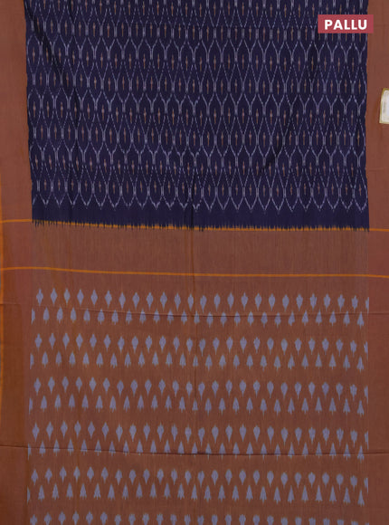 Ikat cotton saree navy blue and mustard yellow with allover ikat weaves and simple border