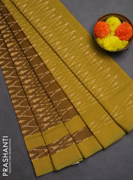 Ikat cotton saree dark mustard and lime green with allover ikat weaves and rettapet ikat border