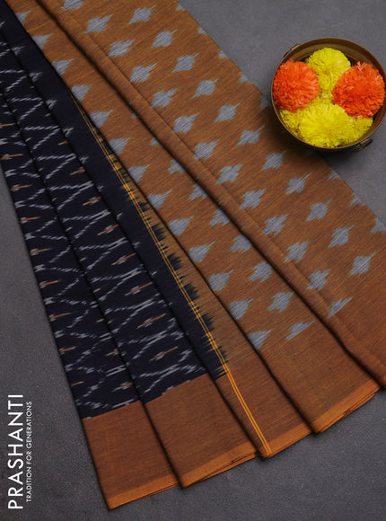 Ikat cotton saree deep navy blue and dark mustard with allover ikat weaves and simple border