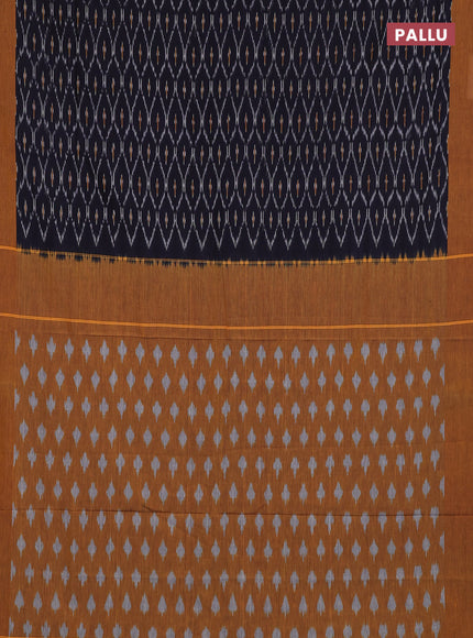 Ikat cotton saree deep navy blue and dark mustard with allover ikat weaves and simple border