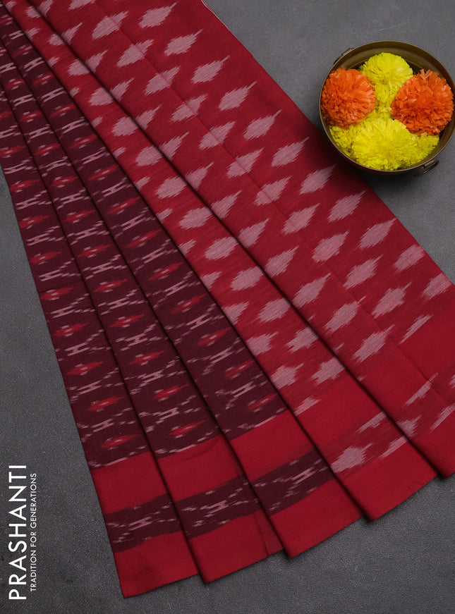 Ikat cotton saree wine shade and maroon with allover ikat weaves and rettapet ikat border