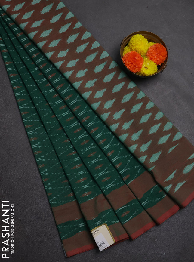 Ikat cotton saree green and maroon with allover ikat weaves and rettapet ikat border