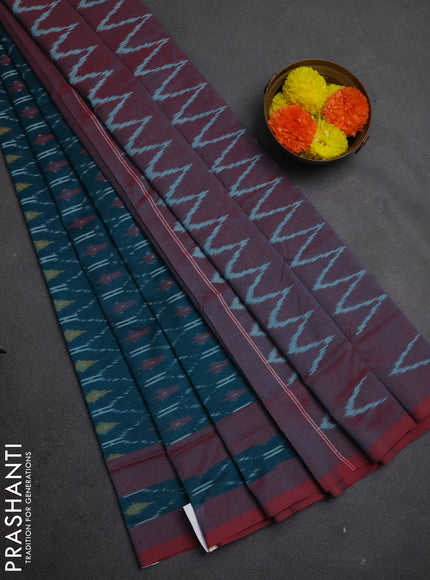 Ikat cotton saree peacock green and maroon with allover ikat weaves and rettapet ikat border