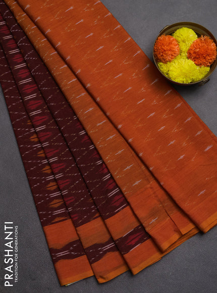 Ikat cotton saree deep maroon and dark mustard with allover ikat weaves and rettapet ikat border
