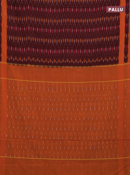 Ikat cotton saree deep maroon and dark mustard with allover ikat weaves and rettapet ikat border