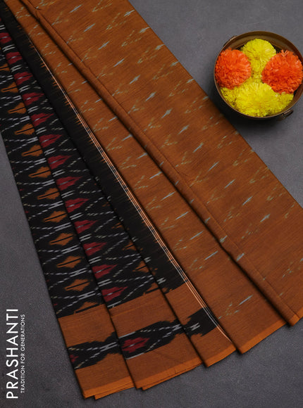 Ikat cotton saree black and dark mustard with allover ikat weaves and rettapet ikat border