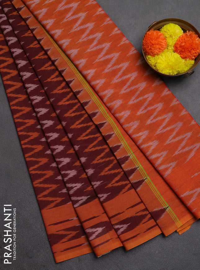 Ikat cotton saree deep maroon and mango yellow with allover ikat zigzag weaves and rettapet ikat border