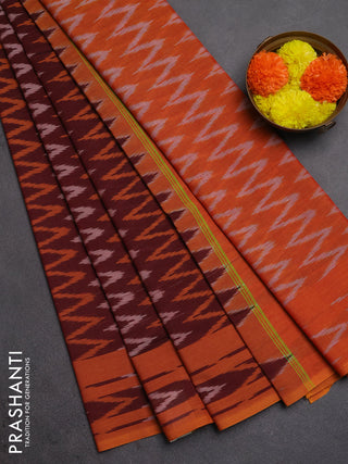 Ikat cotton saree deep maroon and mango yellow with allover ikat zigzag weaves and rettapet ikat border
