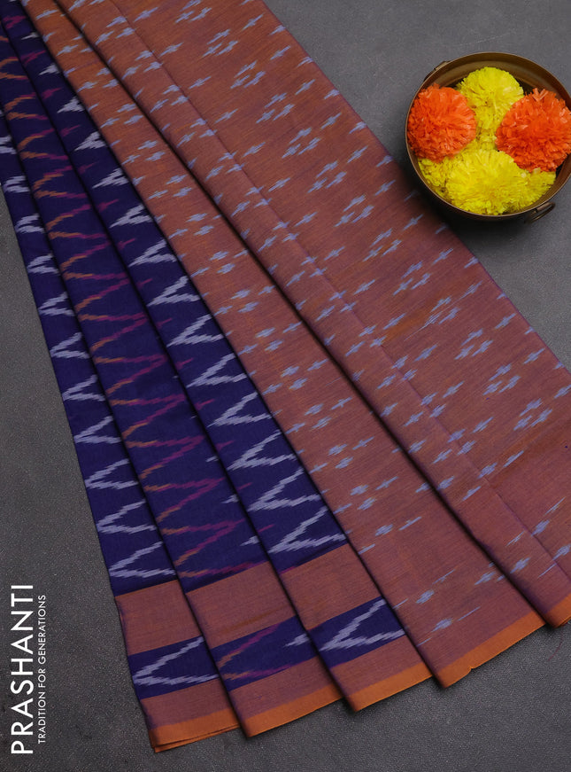 Ikat cotton saree blue and mustard yellow with allover ikat zigzag weaves and rettapet ikat border