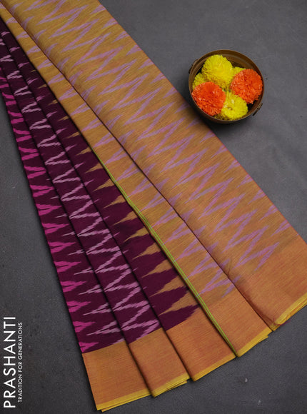 Ikat cotton saree magenta pink and yellow with allover ikat zigzag weaves and rettapet ikat border