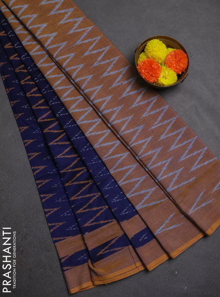 Ikat cotton saree navy blue and mustard yellow with allover ikat zigzag weaves and rettapet ikat border