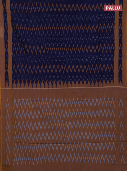 Ikat cotton saree navy blue and mustard yellow with allover ikat zigzag weaves and rettapet ikat border