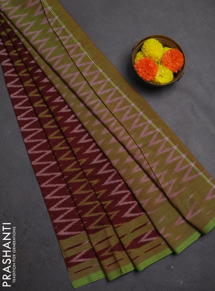 Ikat cotton saree deep maroon and light green with allover ikat zigzag weaves and rettapet ikat border