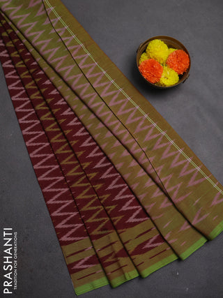 Ikat cotton saree deep maroon and light green with allover ikat zigzag weaves and rettapet ikat border