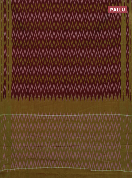 Ikat cotton saree deep maroon and light green with allover ikat zigzag weaves and rettapet ikat border