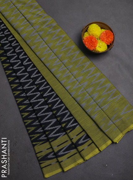 Ikat cotton saree black and lime green with allover ikat zigzag weaves and rettapet ikat border