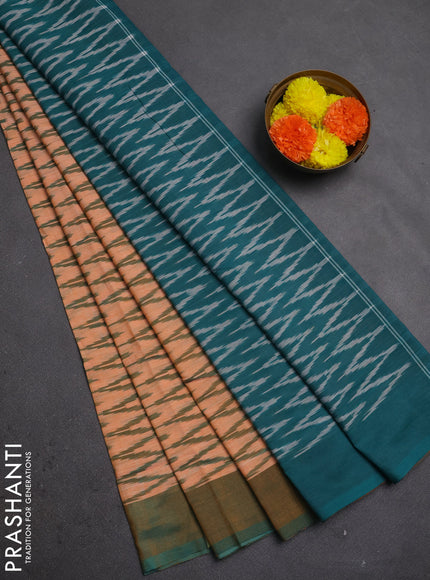 Ikat cotton saree peach shade and teal green with allover ikat zigzag weaves and simple border