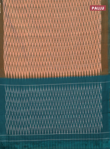 Ikat cotton saree peach shade and teal green with allover ikat zigzag weaves and simple border