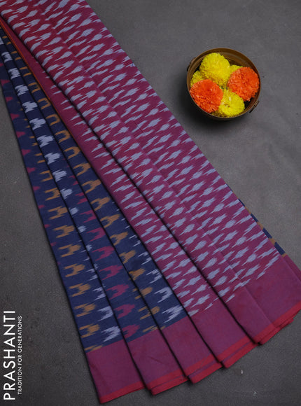 Ikat cotton saree navy blue and red with allover ikat weaves and simple border