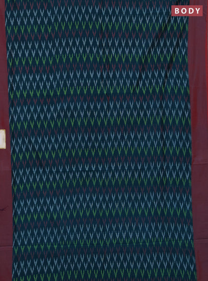 Ikat cotton saree peacock green and red with allover ikat weaves and simple border