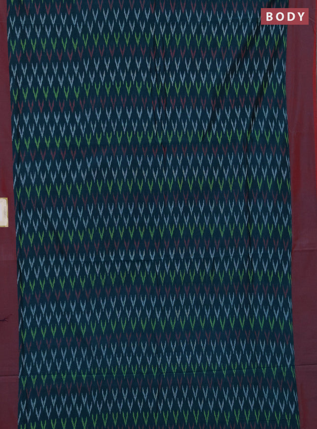 Ikat cotton saree peacock green and red with allover ikat weaves and simple border