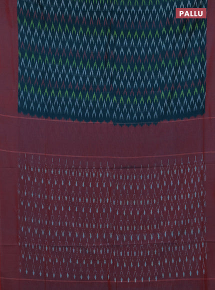 Ikat cotton saree peacock green and red with allover ikat weaves and simple border