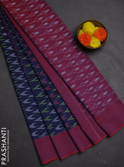 Ikat cotton saree navy blue and red with allover ikat weaves and simple border