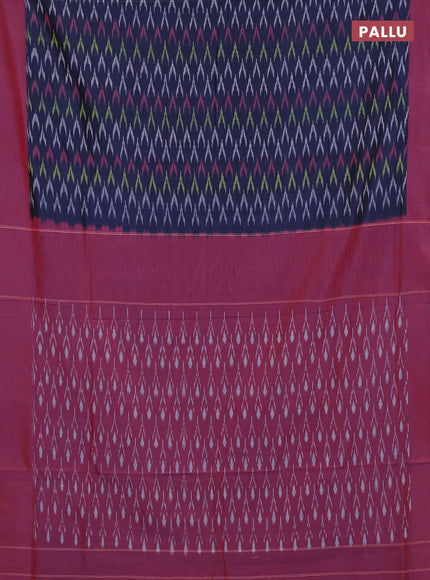 Ikat cotton saree navy blue and red with allover ikat weaves and simple border