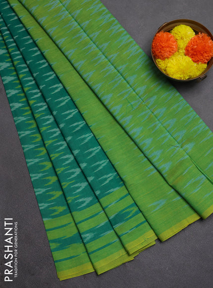 Ikat cotton saree teal green and lime green with allover ikat woven butta weaves and rettapet ikat woven border