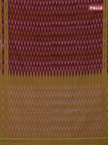 Ikat cotton saree deep maroon and light green with allover ikat woven butta weaves and rettapet ikat woven border