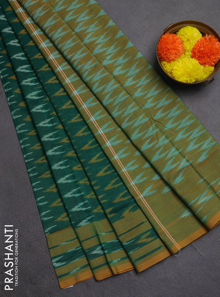 Ikat cotton saree bottle green and mustard yellow with allover ikat woven butta weaves and rettapet ikat woven border