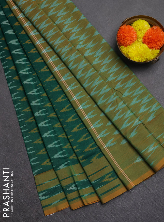 Ikat cotton saree bottle green and mustard yellow with allover ikat woven butta weaves and rettapet ikat woven border