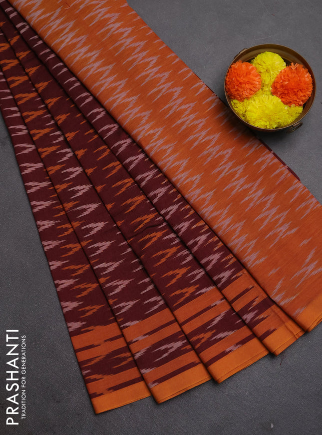 Ikat cotton saree deep maroon and mustard yellow with allover ikat woven butta weaves and rettapet ikat woven border