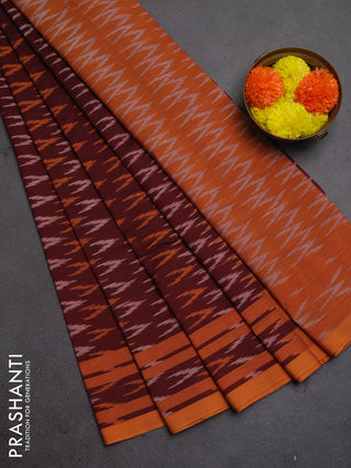 Ikat cotton saree deep maroon and mustard yellow with allover ikat woven butta weaves and rettapet ikat woven border
